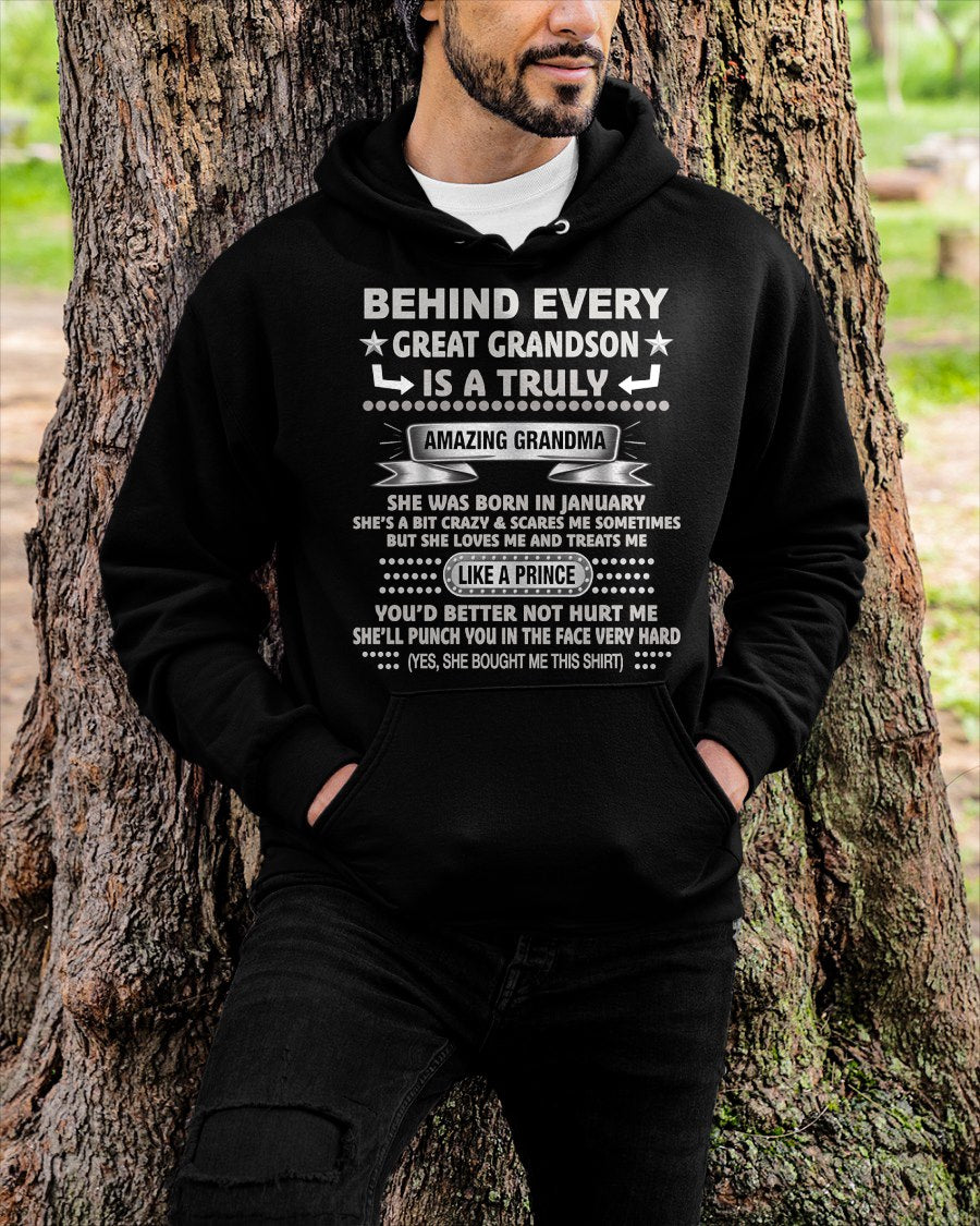 JANUARY - BEHIND EVERY GRANDSON for Grandson T-Shirt From GRANDMA - TRACY01 (SKU2606-102-01)