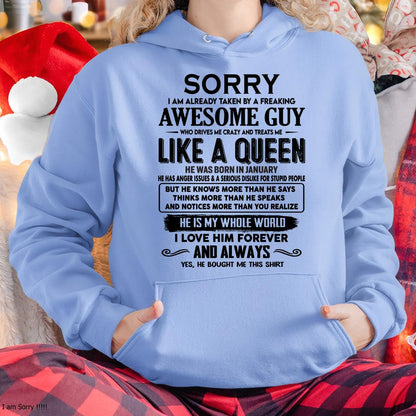 January - Sorry I am already taken by a freaking awesome guy - Gift for Wife From Husband - tracy01 (SKU-SRG-01)