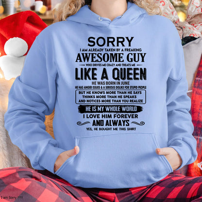 June - Sorry I am already taken by a freaking awesome guy - Gift for Wife From Husband - tracy06 (SKU-SRG-06)