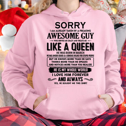 March - Sorry I am already taken by a freaking awesome guy - Gift for Wife From Husband - tracy03 (SKU-SRG-03)