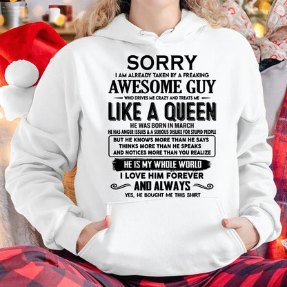 March - Sorry I am already taken by a freaking awesome guy - Gift for Wife From Husband - tracy03 (SKU-SRG-03)