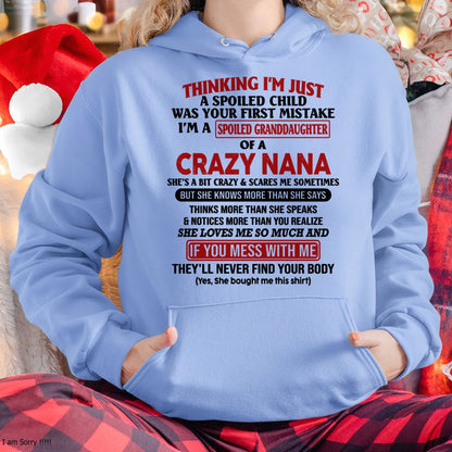 SPOILED GRANDDAUGHTER OF A CRAZY NANA T-SHIRT - From grandma to granddaughter - tracy00 (SKU07-129-00)