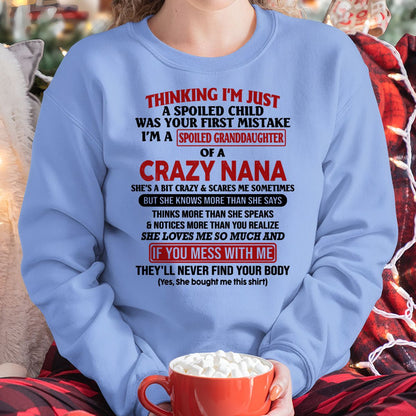 SPOILED GRANDDAUGHTER OF A CRAZY NANA T-SHIRT - From grandma to granddaughter - tracy00 (SKU07-129-00)