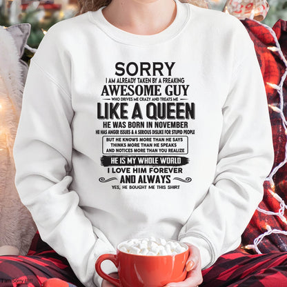 November - Sorry I am already taken by a freaking awesome guy - Gift for Wife From Husband - tracy11 (SKU08-25-11)