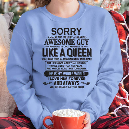 Sorry I am already taken by a freaking awesome guy - Gift for Wife From Husband - tracy00 (SKU08-25-00)