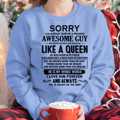 October - Sorry I am already taken by a freaking awesome guy - Gift for Wife From Husband - tracy10 (SKU-SRG-10)