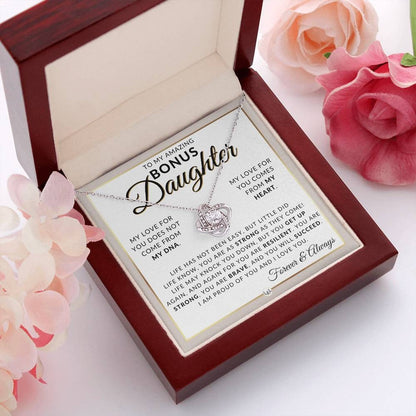 TO MY BONUS DAUGHTER FROM DAD and FROM MOM "My Love For You Come From My Heart" - Premium Love Knot Necklace
