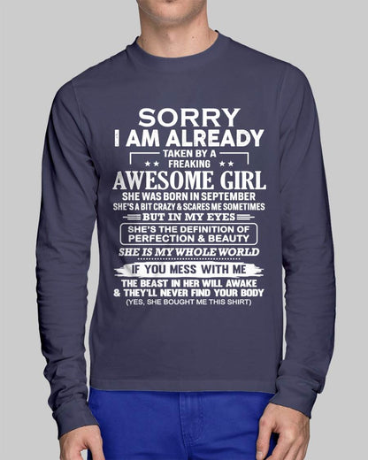 September – Sorry I Am Already Taken By A Freaking Awesome Girl – Gift For Boyfriend From Wife Or Girlfriend – xuan09 (SKU12-293-09)