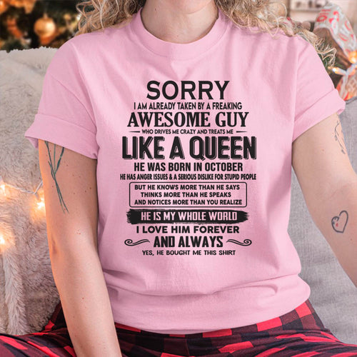October - Sorry I am already taken by a freaking awesome guy - Gift for Wife From Husband - tracy10 (SKU08-25-10)