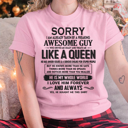 Sorry I am already taken by a freaking awesome guy - Gift for Wife From Husband - tracy00 (SKU08-25-00)